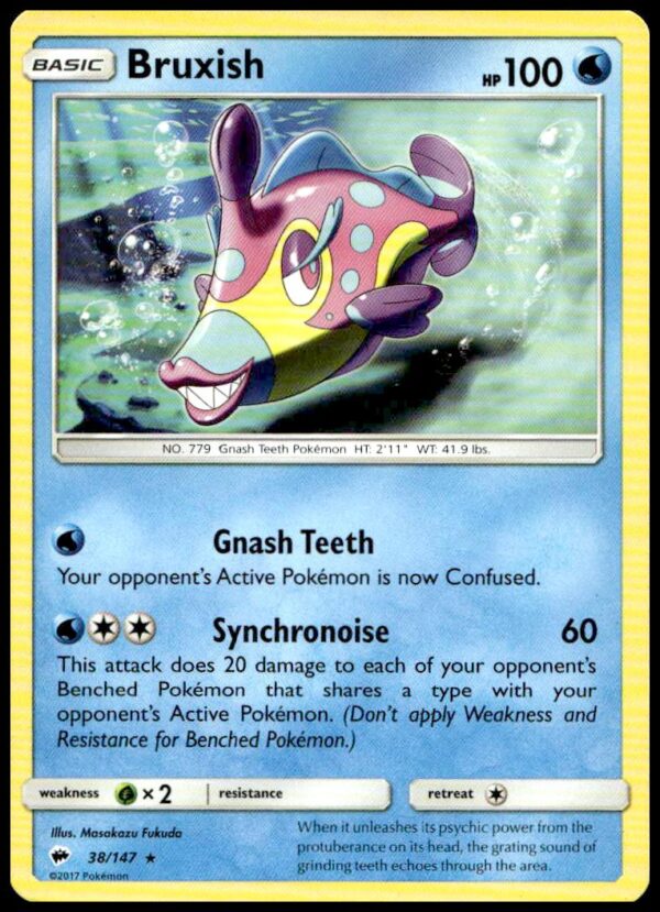 Front of 2017 Pokémon Bruxish card from Burning Shadows, number 38 of 147.