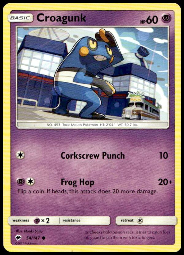2017 Pokémon Croagunk Burning Shadows Card #54/147 featuring playful artwork.