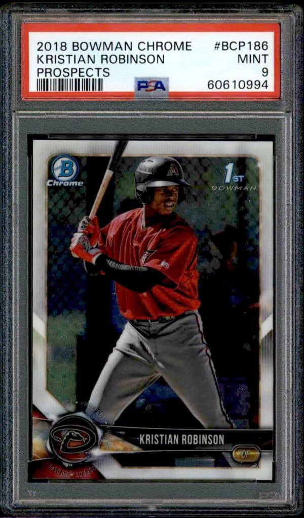 Kristian Robinson 2018 Bowman Chrome baseball card, PSA graded Mint 9, in batting stance.