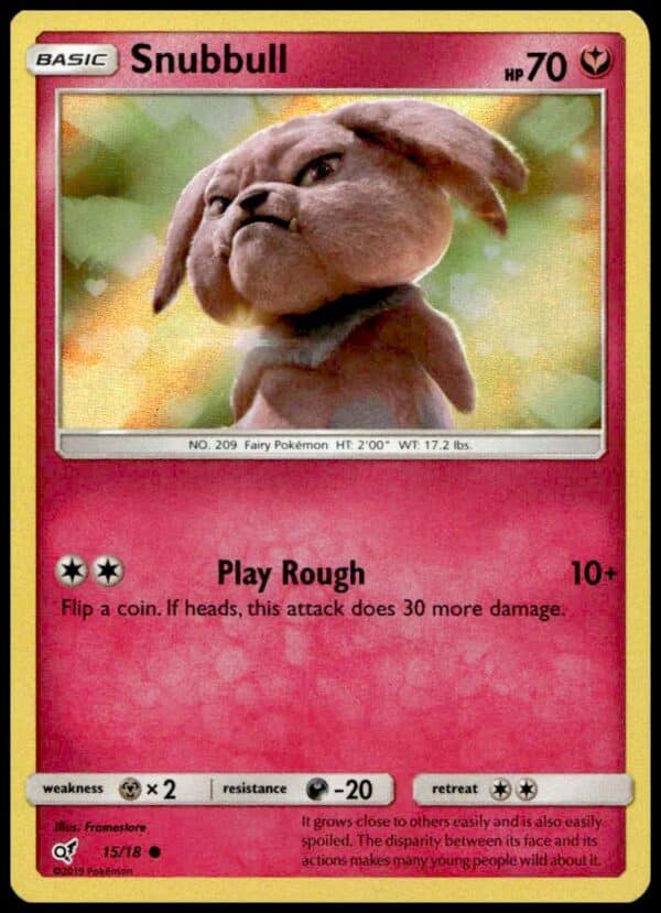 Detective Pikachu Snubbull Holo Card 2019, Pokémon, #15/18, featuring holo Snubbull, fairy-type.