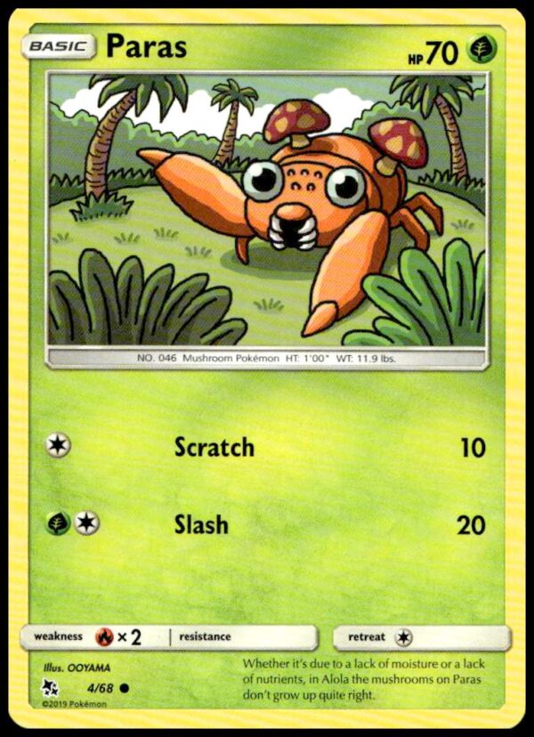 2019 Pokémon Hidden Fates Paras card front, featuring vibrant artwork, identified as #Apr-68.