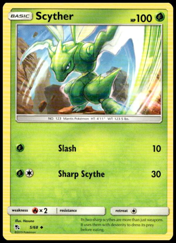 Scyther Hidden Fates 2019 Pokémon Card, Front View, Card #May-68, Collectible Edition.