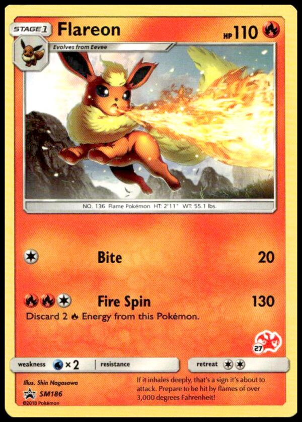 Front view of 2019 Pokémon Flareon Promo Card SM186, featuring dynamic Fire-type Flareon.