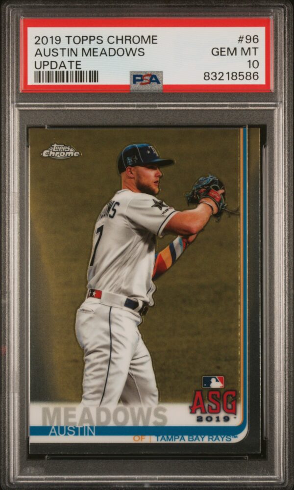 Austin Meadows 2019 Topps Chrome PSA 10 card, mid-throw, gold background, card #98.