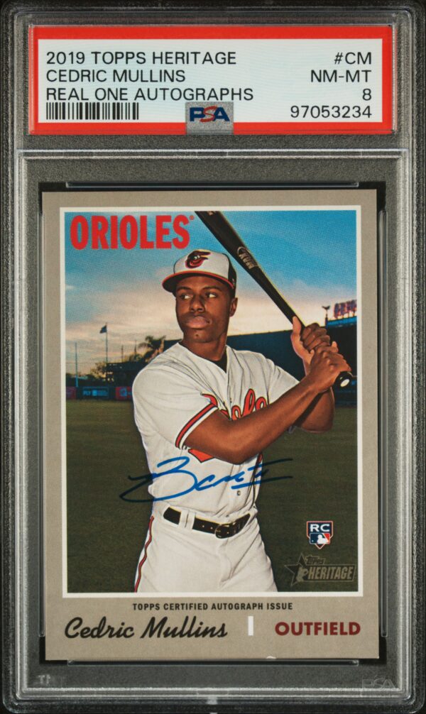 Cedric Mullins 2019 Topps Heritage autographed card, PSA 8 graded, collectible baseball memorabilia.
