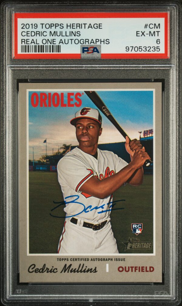 Cedric Mullins 2019 Topps Heritage Autograph Card #ROA-CM, PSA 6, Orioles Uniform Front View.
