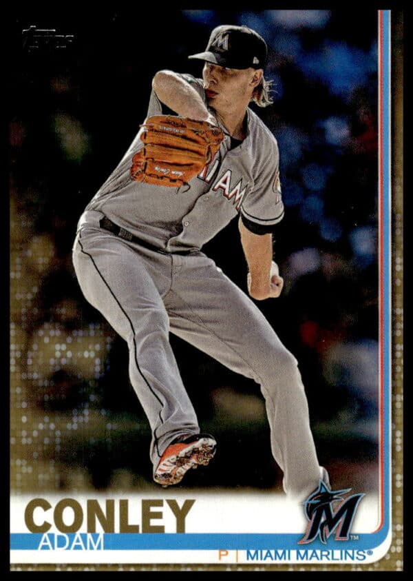 Adam Conley 2019 Topps Gold Baseball Card, Miami Marlins Pitching Stance, #663 Special Edition.