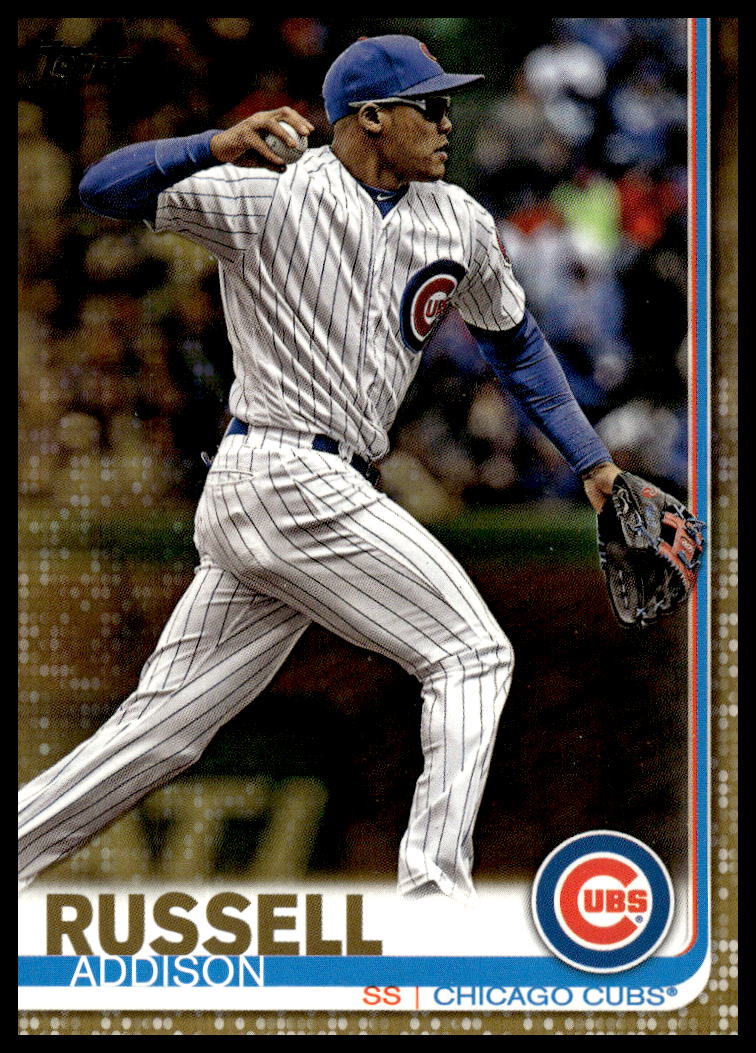 Addison Russell 2019 Topps Series 2 Gold Card #633, Chicago Cubs player, collectible sports card.