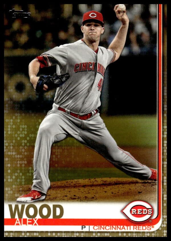Gold-edition 2019 Topps baseball card featuring Alex Wood in team uniform, card #464.