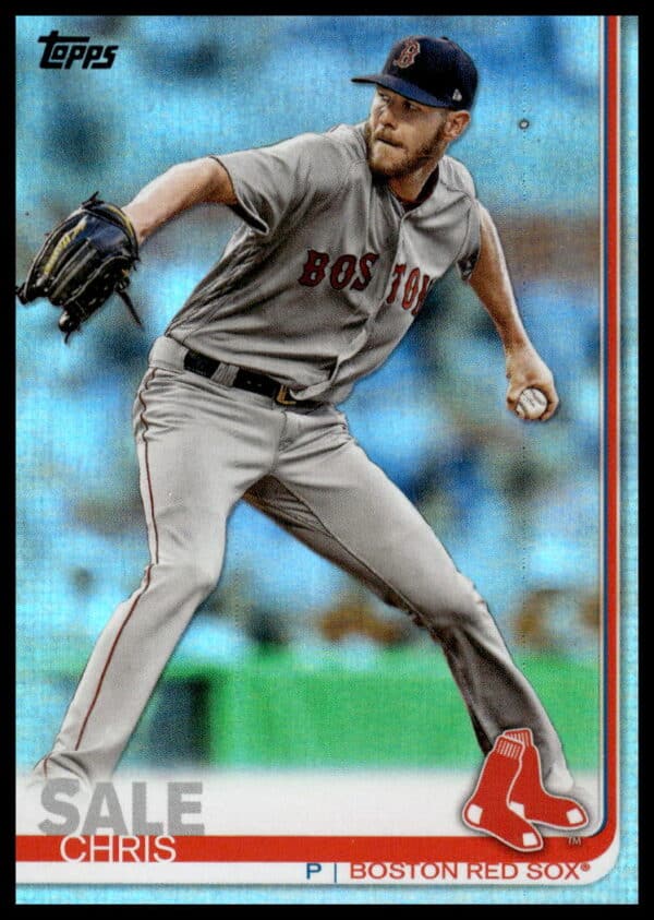 Chris Sale 2019 Topps Series 2 Rainbow Foil Card #643, Boston Red Sox pitcher, action shot.