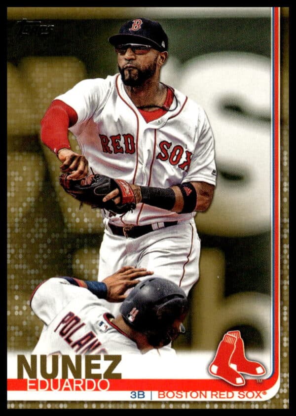 Eduardo Nunez 2019 Topps Gold Card #407, showcasing dynamic action and gold accents.