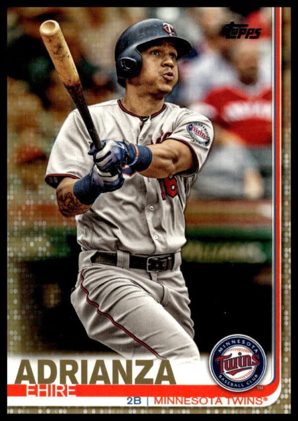 Ehire Adrianza 2019 Topps Gold Card #608 featuring Minnesota Twins action shot.