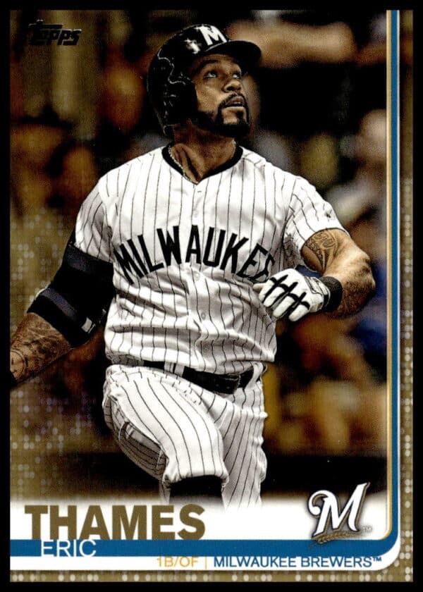 Front of Eric Thames 2019 Topps Series 2 Gold Card #695, featuring dynamic action shot.