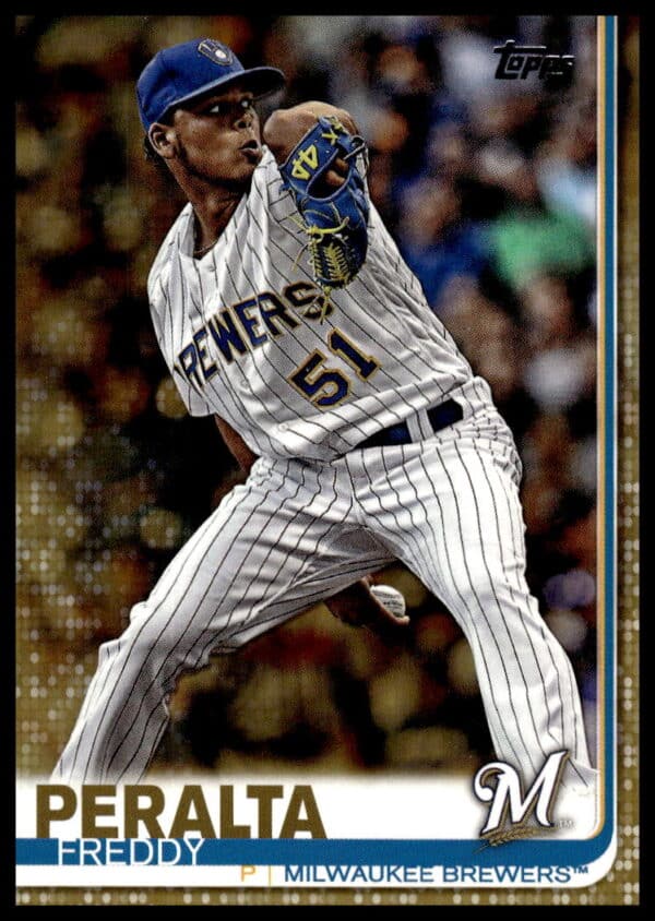 Freddy Peralta 2019 Gold Baseball Card #627, Milwaukee Brewers, action pitch, Topps Series 2.