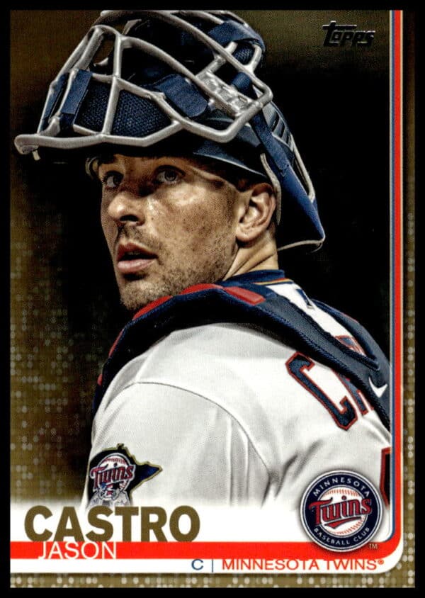Front of 2019 Topps Gold #406 card featuring Jason Castro in action.