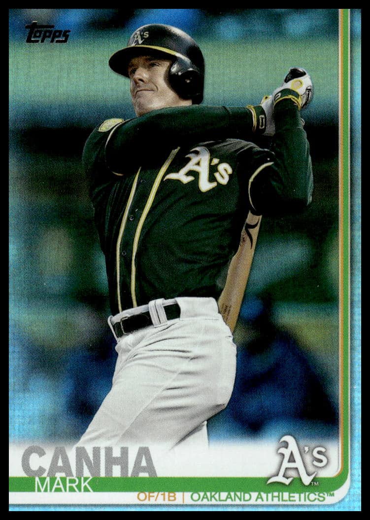 Front view of 2019 Topps Series 2 Mark Canha Rainbow Foil card #612 with foil finish.