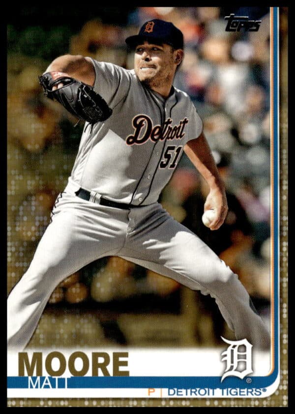 Matt Moore 2019 Topps Gold Card #449, dynamic baseball pose with gold border.