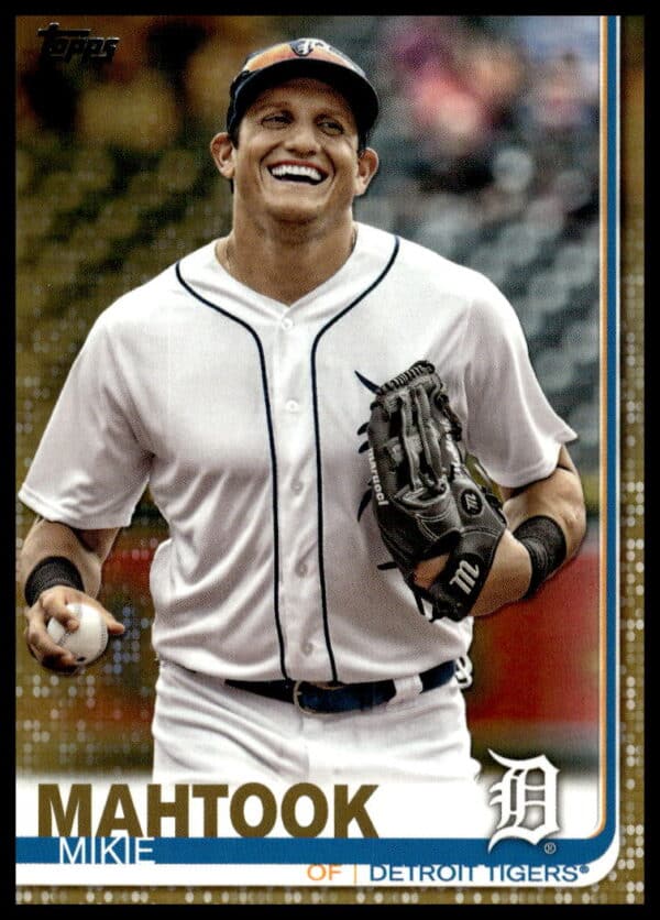 Mikie Mahtook 2019 Topps Series 2 Gold Card #477, action shot, front view.