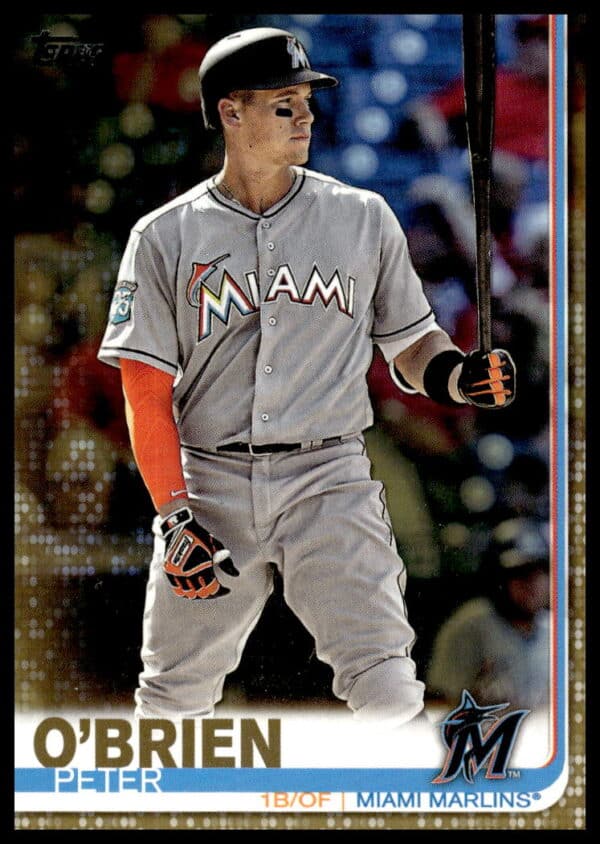 Peter OBrien 2019 Topps Gold #470, Miami Marlins, baseball card front view.