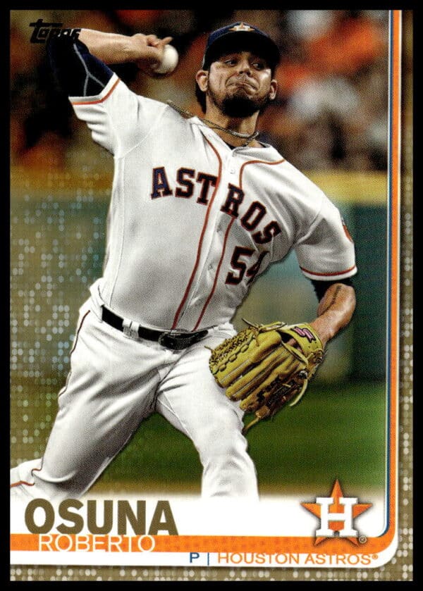 Roberto Osuna 2019 Topps Gold Card #434, baseball action shot on gold background.