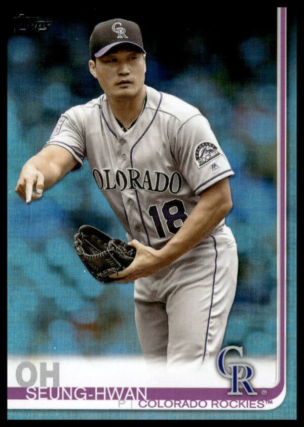 Seung-Hwan Oh 2019 Topps Series 2 Rainbow Foil Card #538, vibrant pitching action.