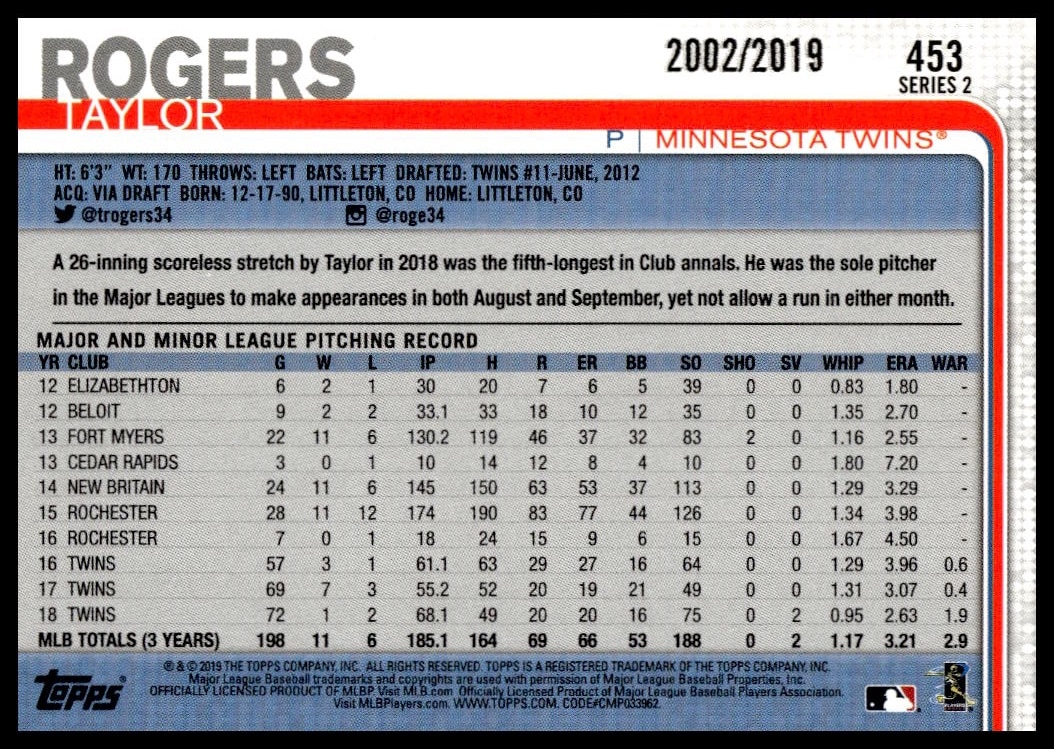 Back of 2019 Topps Series 2 Gold Card #453 featuring Taylor Rogerss stats and highlights.
