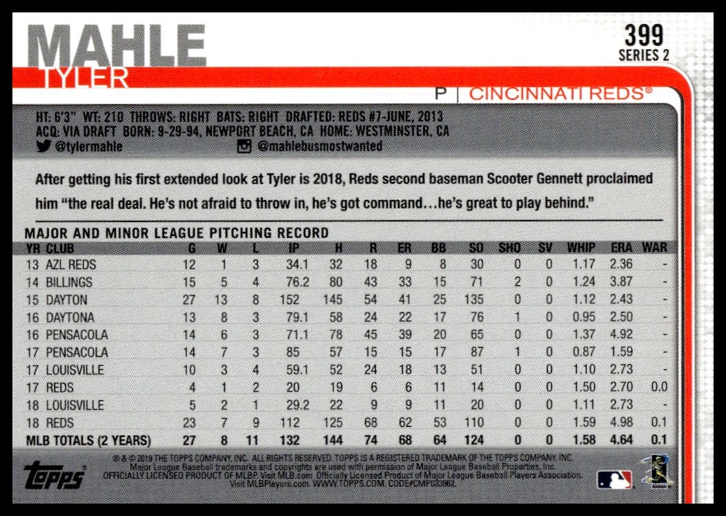 Back of 2019 Topps Series 2 Tyler Mahle Rainbow Foil Card with stats and details.