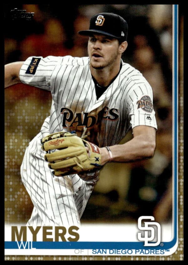 Wil Myers 2019 Topps Series 2 Gold Card #485, San Diego Padres uniform, game action shot.