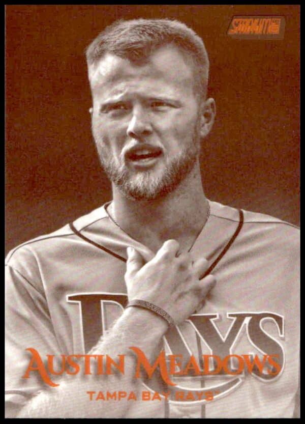 Austin Meadows 2019 Topps Sepia Card #247 shows him batting in Rays uniform.
