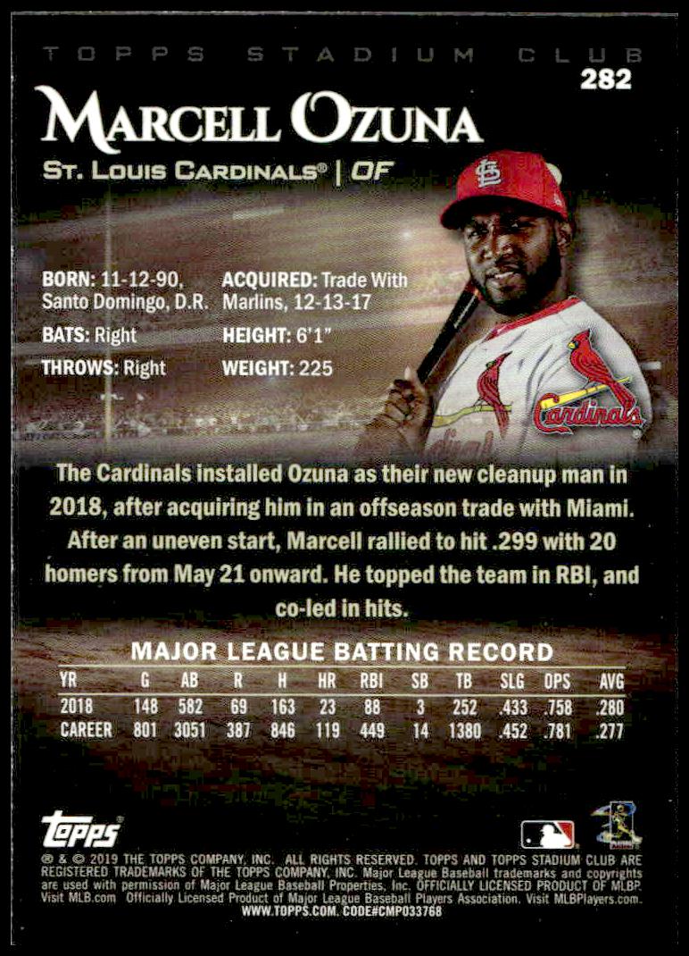 Back of 2019 Marcell Ozuna Topps Stadium Club Sepia Card #282, featuring career stats.