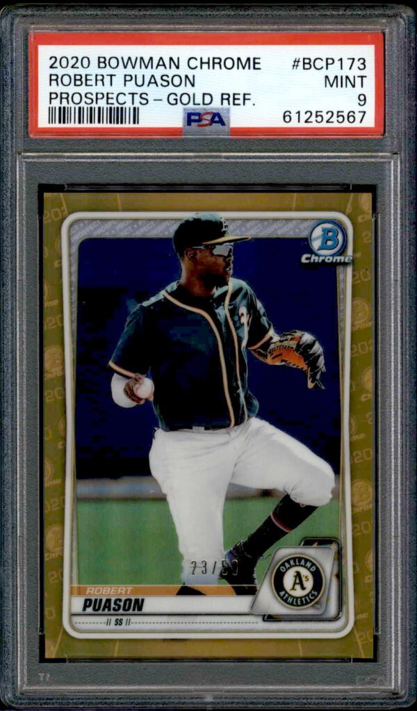 2020 Bowman Chrome Robert Puason Gold Refractor PSA 9 MINT baseball card in protective case.