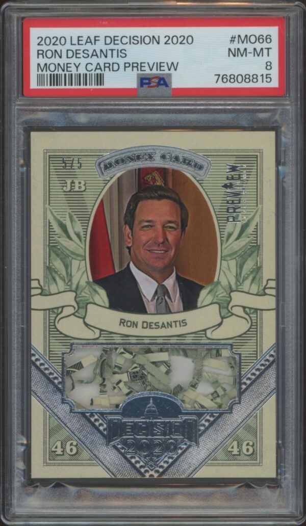 2020 Leaf Decision trading card of Ron DeSantis, PSA 8, encased, ornate design.