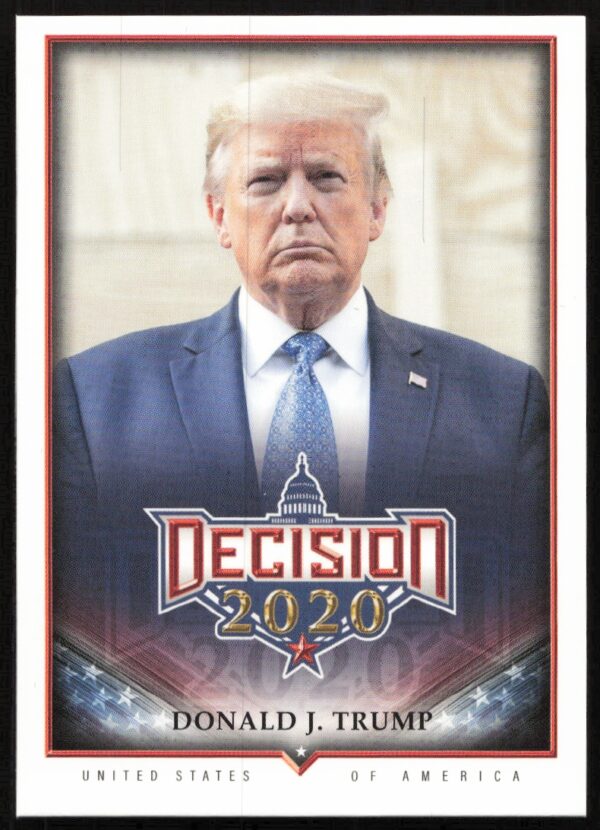 Donald Trump collectible card 2020 Leaf Decision Series 2, #550, portrait against patriotic backdrop.
