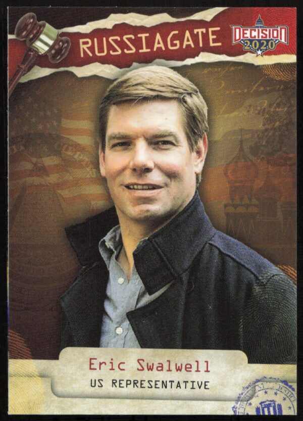 Eric Swalwell 2020 Leaf Russiagate trading card front with portrait and theme details.