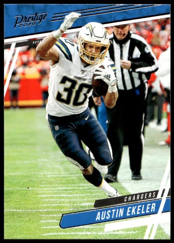Austin Ekeler 2020 Panini Prestige Card #53, Front View, Dynamic Football Action.