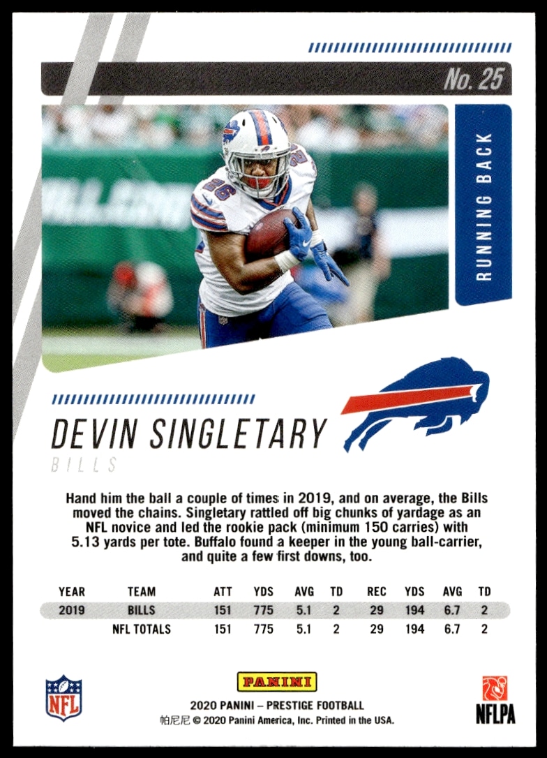 Devin Singletary 2020 Panini Prestige card back, featuring stats and biography, Buffalo Bills.