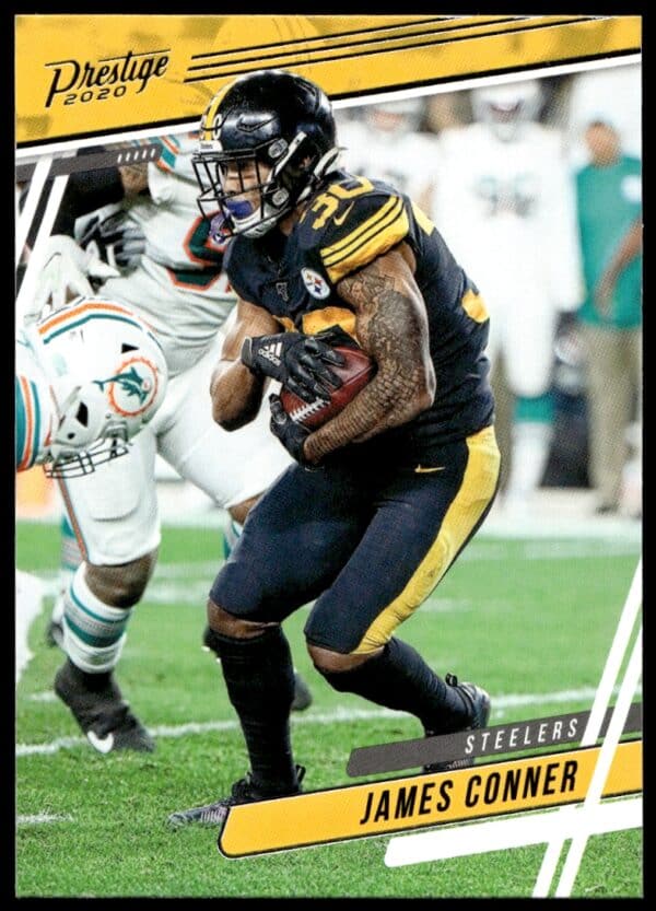 James Conner 2020 Panini Prestige #178 sports card, showcasing Pittsburgh Steelers uniform.