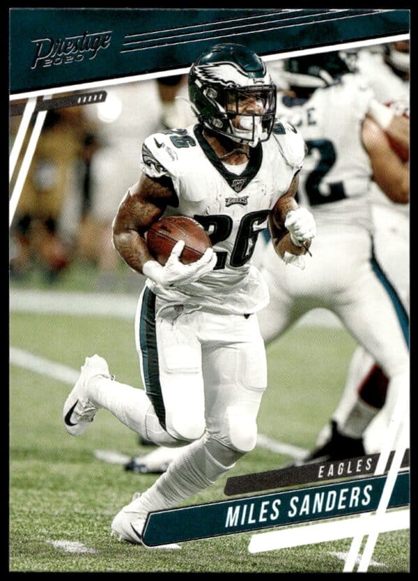 Miles Sanders 2020 Panini Prestige card #90, Philadelphia Eagles, dynamic action shot.
