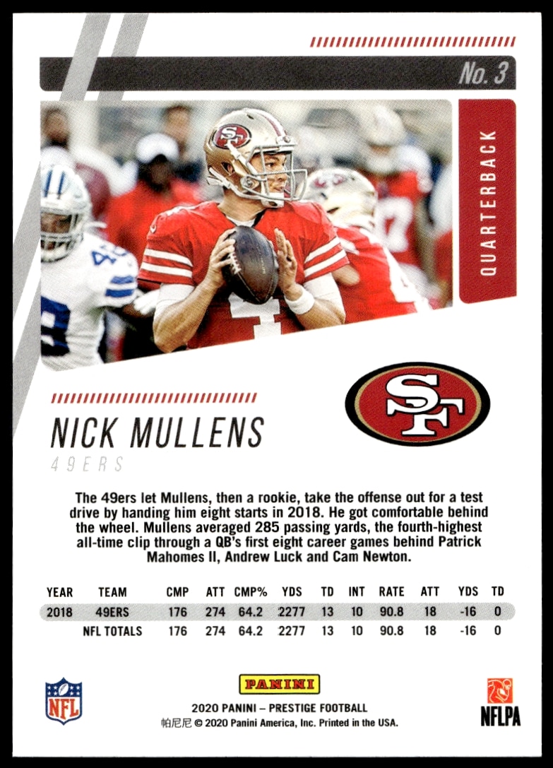 Nick Mullens 2020 Panini Prestige Card Back #3 with career stats and highlights.