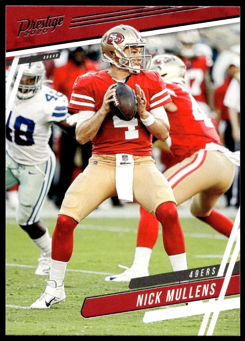 Nick Mullens 2020 Panini Prestige trading card #3, football action shot.