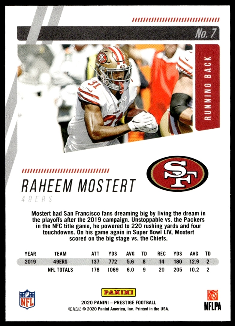 Back of Raheem Mostert 2020 Panini Prestige card #7, highlighting 2020 season stats and achievements.