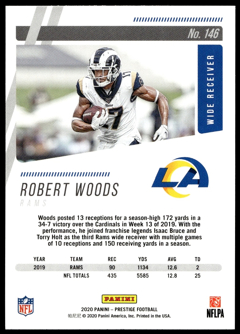 Back of 2020 Panini Prestige Robert Woods card, includes stats and player bio.