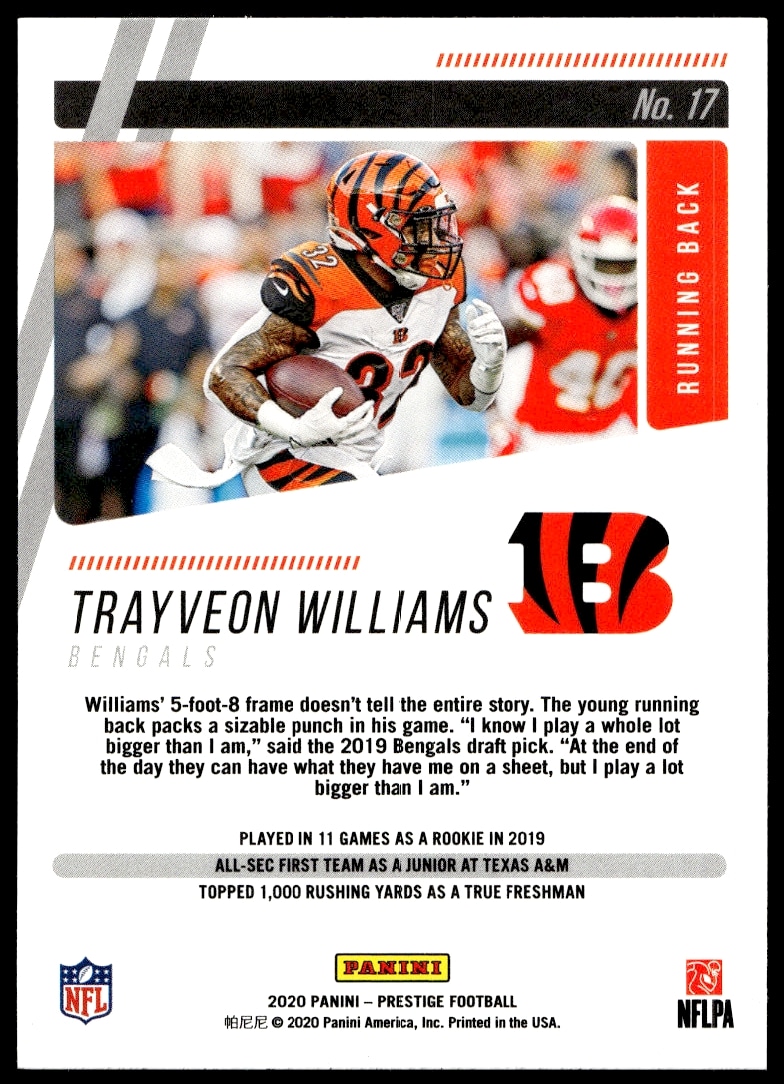 Back of Trayveon Williams 2020 Panini Prestige card #17 with stats and career highlights.