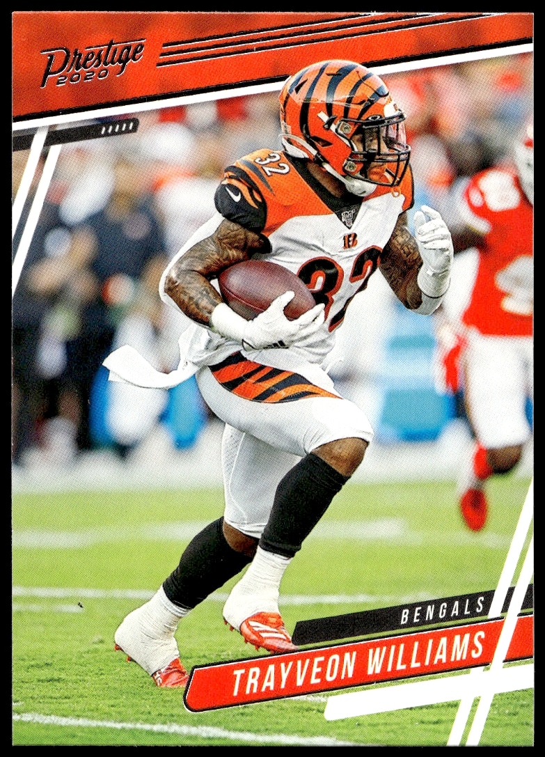 2020 Panini Prestige Trayveon Williams Football Card #17 featuring Bengals running back in action.