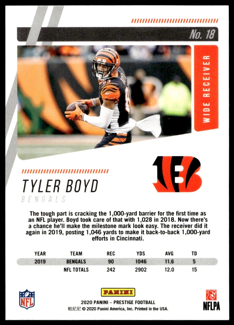 Back of 2020 Panini Prestige Tyler Boyd Card #18 with player stats and team info.
