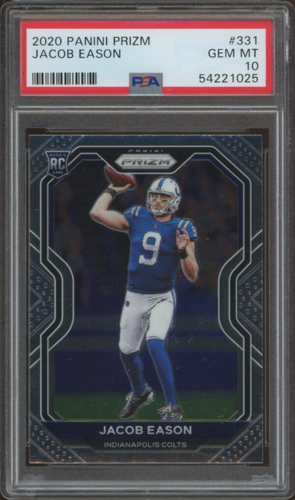 Jacob Eason 2020 Panini Prizm PSA 10 rookie card, Colts uniform, throwing pose.