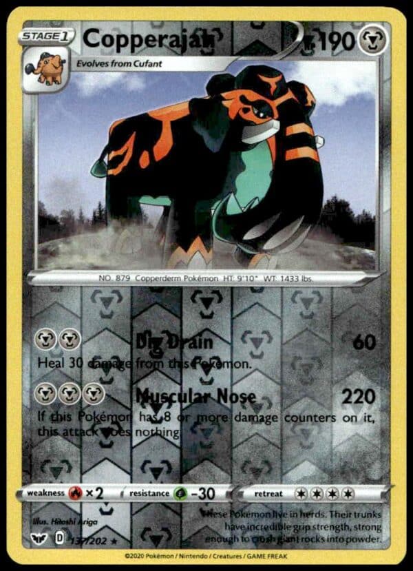 2020 Pokémon Sword & Shield Copperajah Reverse Holo Card #137/202, Steel-type Holo Art.