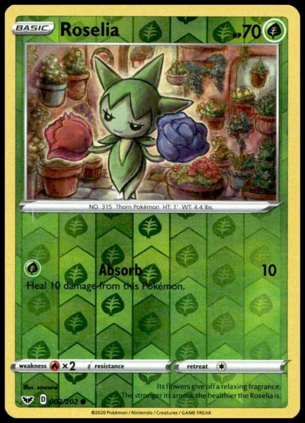 2020 Pokémon Roselia Reverse Holo Card, Sword & Shield Set, #002/202, Grass-type, Front View.