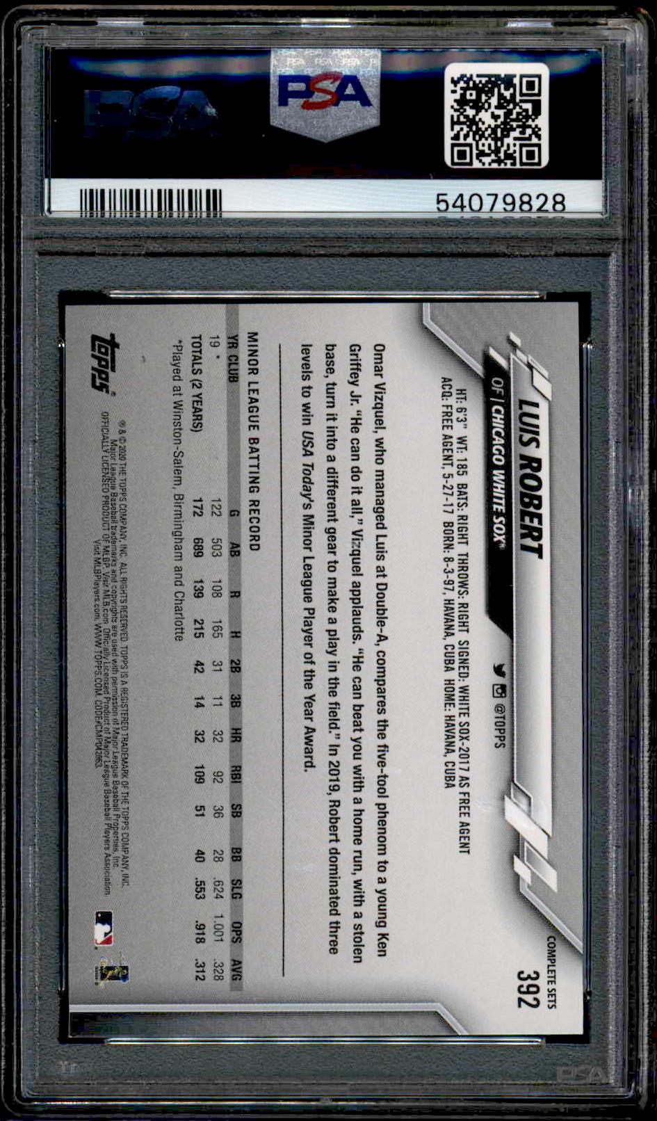 Luis Robert 2020 Topps PSA 8 sports card back, protective slab, player stats visible.