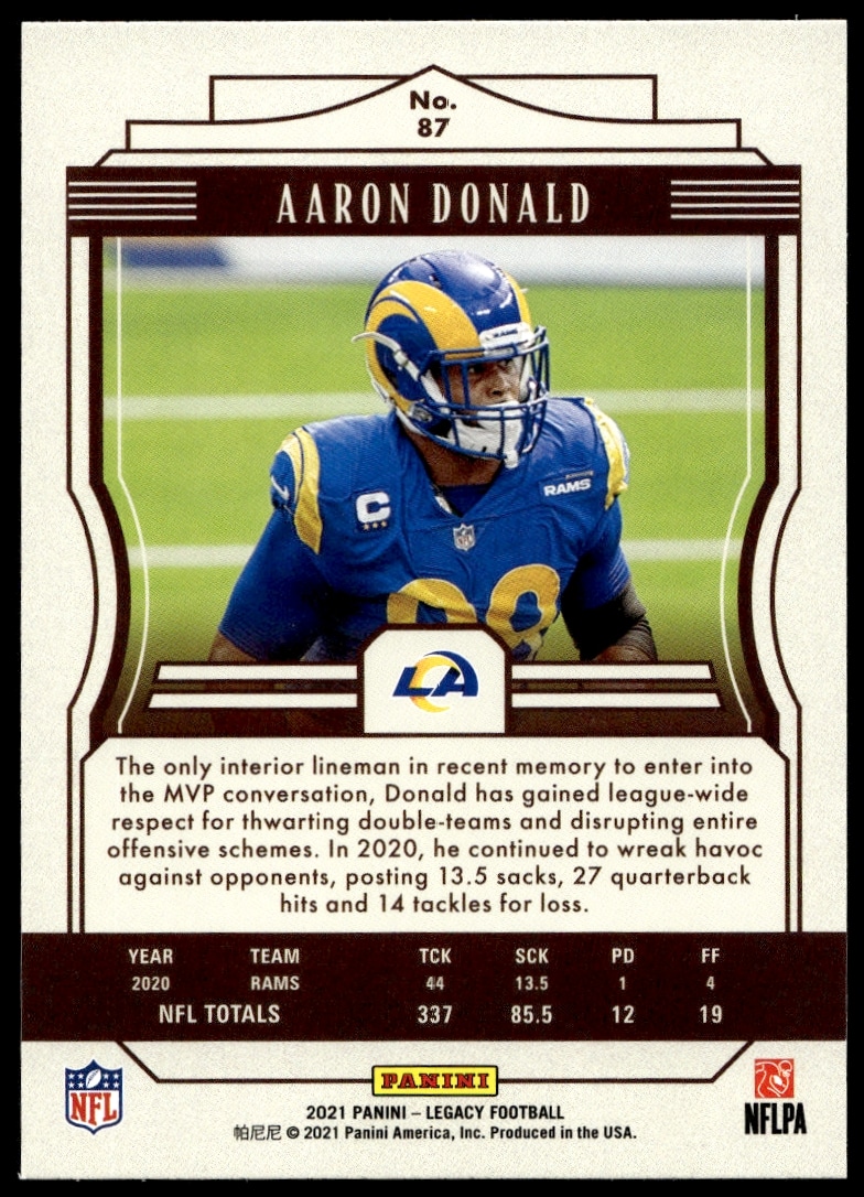 Back of 2021 Panini Legacy Aaron Donald card #87, featuring stats and biography.